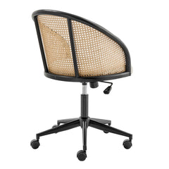 Task Chair in Beige Fabric with Cane Back and Black Wood Frame