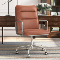 Task Chair in Brown Faux Leather with Zinc Frame and Casters