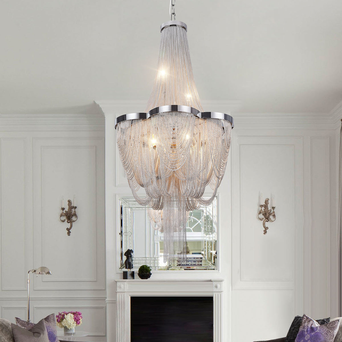 Tassel Chandelier, 8-Light Metal Empire Shade in Chrome