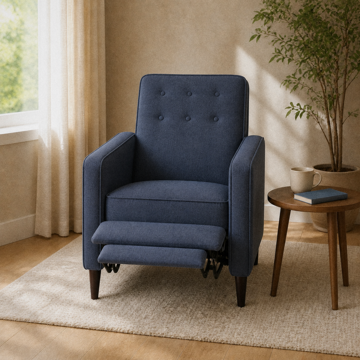 Warm reading room | dark blue button-tufted manual recliner with extended two-panel footrest beside a walnut side table