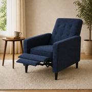 Reading room angle | front-right dark blue recliner with extended two-panel footrest