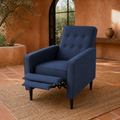 Terracotta room | dark blue manual recliner angled front-right with its extended two-panel footrest