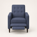 Studio front | dark blue button-tufted recliner with extended two-panel footrest and tapered dark wood legs
