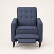 Studio front | dark blue button-tufted recliner with extended two-panel footrest and tapered dark wood legs