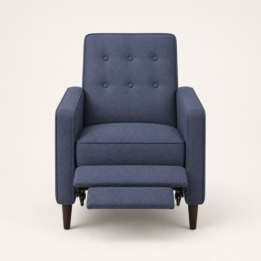 Studio front | dark blue button-tufted recliner with extended two-panel footrest and tapered dark wood legs
