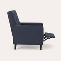 Studio side | left profile of dark blue recliner with extended footrest and visible scissor mechanism