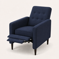 Studio angle | right-front view of dark blue button-tufted recliner with extended footrest and tapered legs
