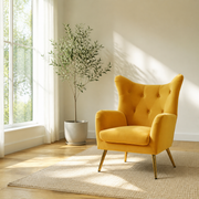 Scale | mustard velvet wingback chair beside a full-height window reveal, four legs visible