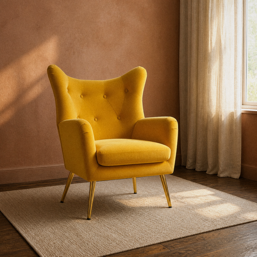 Room | mustard velvet wingback chair in a clay-toned room with dark wood floor and warm window light