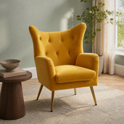 Room | mustard velvet wingback chair in a sage room with a right-side window and plain oatmeal rug