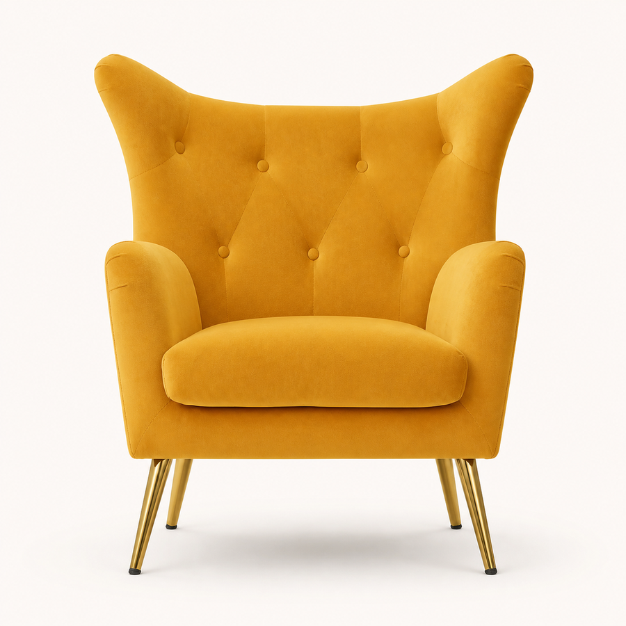 Front | mustard velvet wingback chair centered on a clean studio ground, diamond button tufting and gold legs