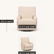 Dimensions | dimension guide for the beige velvet glider showing 19.5 inch seat height, 21.5 inch seat width and 20.5 inch seat depth
