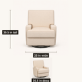 Dimensions | dimension guide for the beige velvet glider showing 33 inch width, 35.5 inch depth and 39.5 inch height