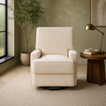 In a room | beige velvet swivel reclining glider in a sage reading room with a black metal base