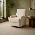 Angle | three-quarter view of the beige velvet swivel reclining glider in the sage reading room