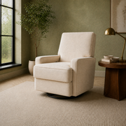 Angle | three-quarter view of the beige velvet swivel reclining glider in the sage reading room