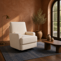 In a room | beige velvet swivel reclining glider in a terracotta garden room