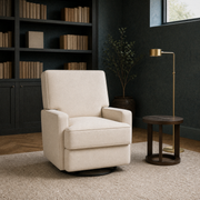 In a room | beige velvet swivel reclining glider in a blue-green library room
