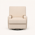 Front | front studio view of the beige velvet swivel reclining glider with track arms and black circular base