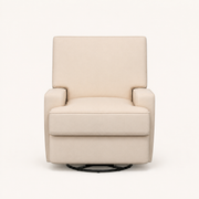 Front | front studio view of the beige velvet swivel reclining glider with track arms and black circular base