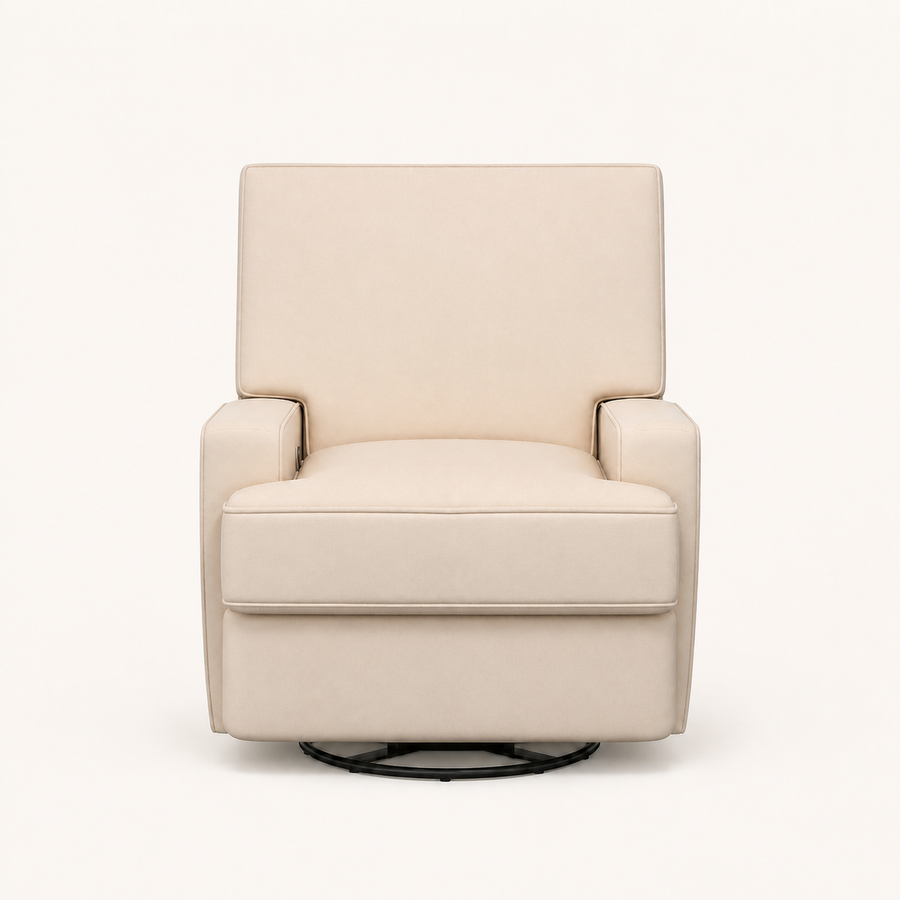 Front | front studio view of the beige velvet swivel reclining glider with track arms and black circular base