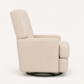 Side | side studio view of the beige velvet swivel reclining glider showing its tall back and circular base