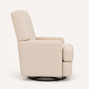 Side | side studio view of the beige velvet swivel reclining glider showing its tall back and circular base