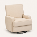 Studio | three-quarter studio view of the beige velvet glider showing the arm, seat depth and black base