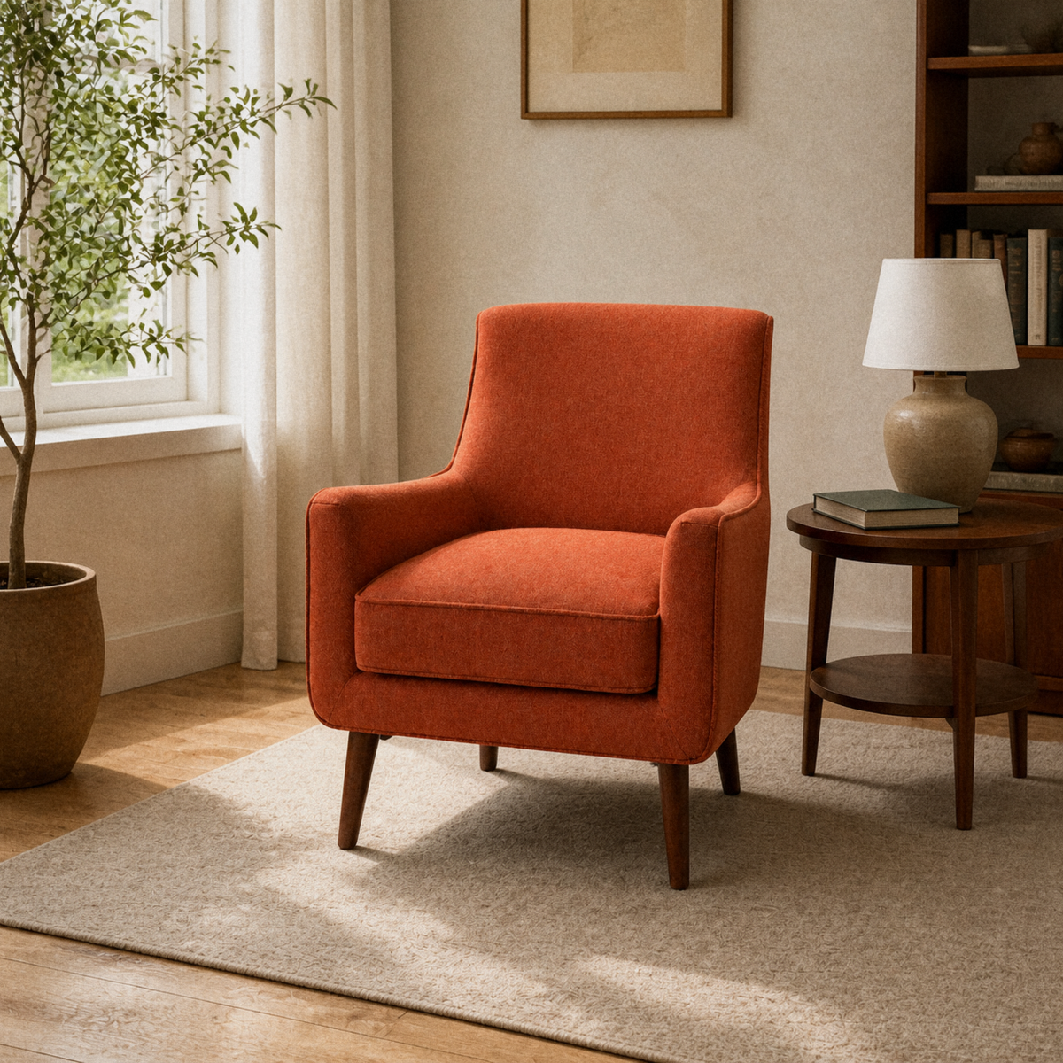 Warm reading room | Burnt-orange armchair with piped removable seat cushion and tapered dark wood legs beside a round wood table