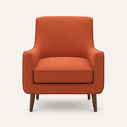 Studio front | Burnt-orange woven armchair with tight back, fixed arms, piped seat cushion, and four tapered dark wood legs