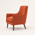 Studio side | Side profile of burnt-orange armchair showing its sloped arm, tight back, depth, and tapered wood legs