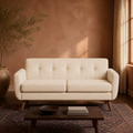 Warm room | The loveseat against a sun-warmed terracotta wall with an olive tree and a patterned rug