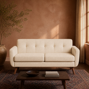 Warm room | The loveseat against a sun-warmed terracotta wall with an olive tree and a patterned rug