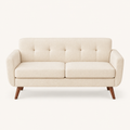 Front | Beige linen square-arm loveseat on a seamless studio ground, straight on, tufted back and splayed wood legs