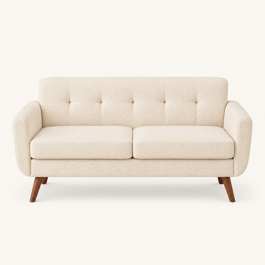 Front | Beige linen square-arm loveseat on a seamless studio ground, straight on, tufted back and splayed wood legs
