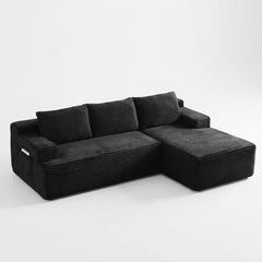 Right facing | Black corduroy sectional on white with the chaise on the right and the pocket on the left arm