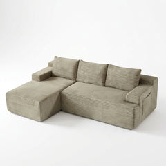 Camel | Pale camel corduroy sectional on a white studio backdrop with the chaise on the left. The right-hand-facing option currently shows this same left-hand-facing photo -- a true right-facing studio photo is not yet available.