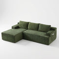 Green | Deep olive corduroy sectional on a white studio backdrop with the chaise on the left
