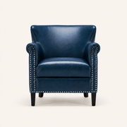Studio front | Navy faux leather armchair with rolled arms and silver nailhead trim