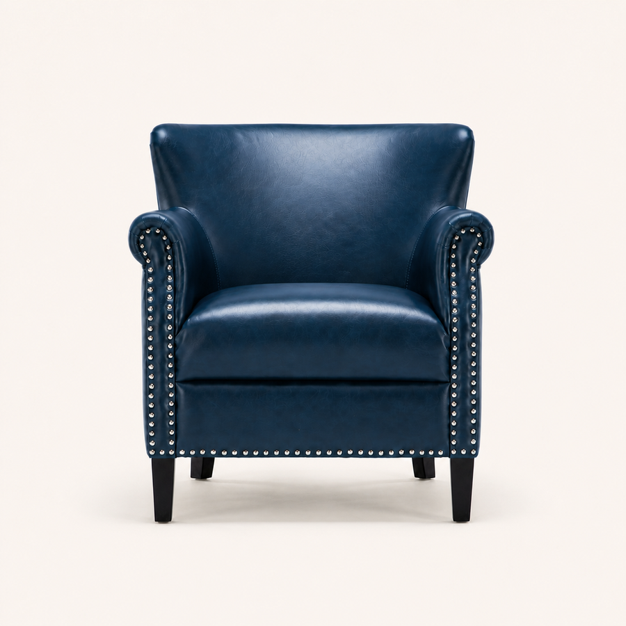 Studio front | Navy faux leather armchair with rolled arms and silver nailhead trim
