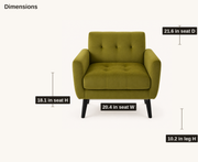 Dimensions | seat and leg dimensions drawing for the olive-green velvet armchair with 18.1 inch seat height, 20.4 inch seat width, 21.6 inch seat depth and 10.2 inch leg height