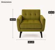 Dimensions | overall dimensions drawing for the olive-green velvet armchair with 30 inch width, 30 inch depth and 35 inch height callouts