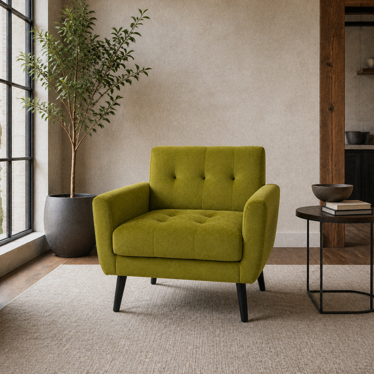 In a room | in a warm greige loft, olive-green velvet armchair on a plain stone-gray rug beside a black side table and tall leafy plant