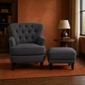 In a room | dark gray tufted armchair and ottoman in a terracotta study with walnut furniture