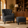 In a room | dark gray tufted armchair and ottoman in a warm cognac library with an arched doorway