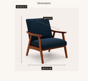 Dimensions | navy woven armchair with drawn overall width, depth, and height measurements