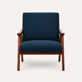 Studio front | navy woven armchair with flared espresso wood arms and angled legs