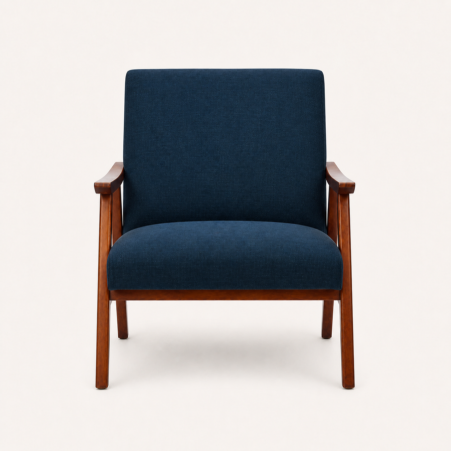 Studio front | navy woven armchair with flared espresso wood arms and angled legs