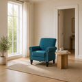 Scale | blue-green tweed armchair beside an uncropped floor-to-ceiling window and doorway