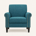 Studio front | blue-green tweed armchair with rolled arms, silver-toned nailheads, and dark tapered legs